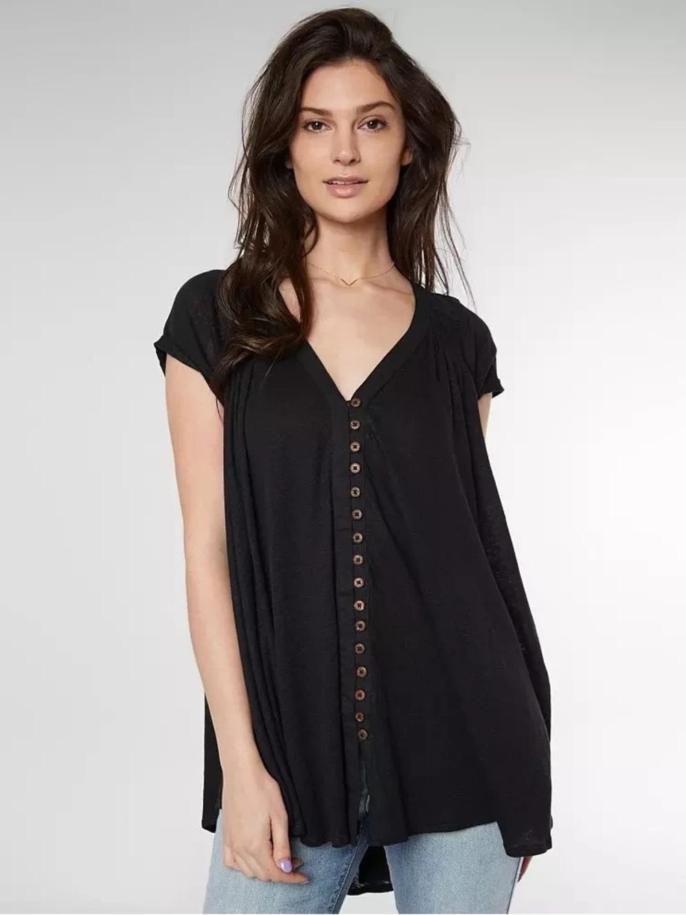 Free People Highland Tee Linen Blend Black Button-Front V-Neck Cap Sleeve Top  S - Picture 2 of 16